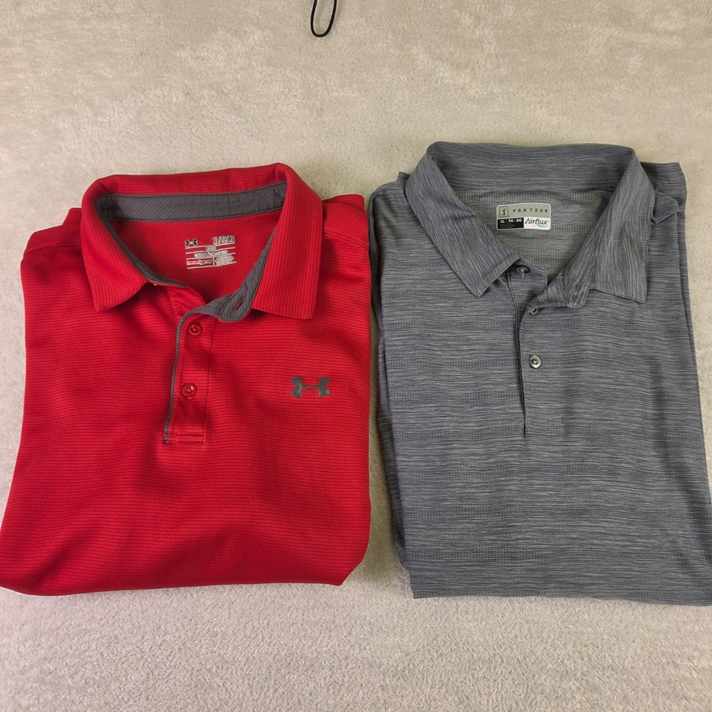 Lot of 2 Mens Under Armour HeatGear & PGA Tour Airflux Polo Shirts Red Gray XL